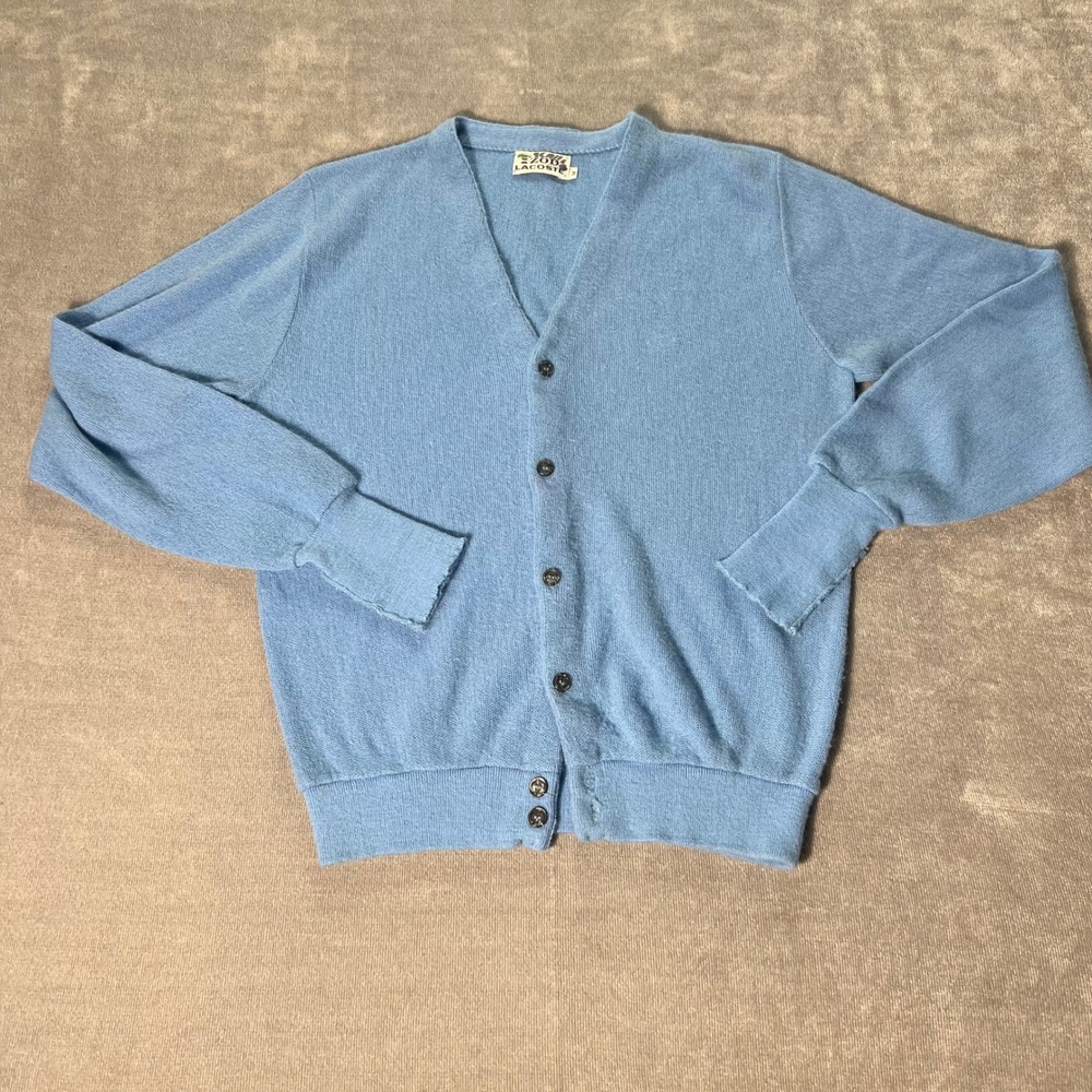 Vintage Izod Lacoste Cardigan Sweater Mens Medium Blue Orlon Acrylic V-Neck 70s